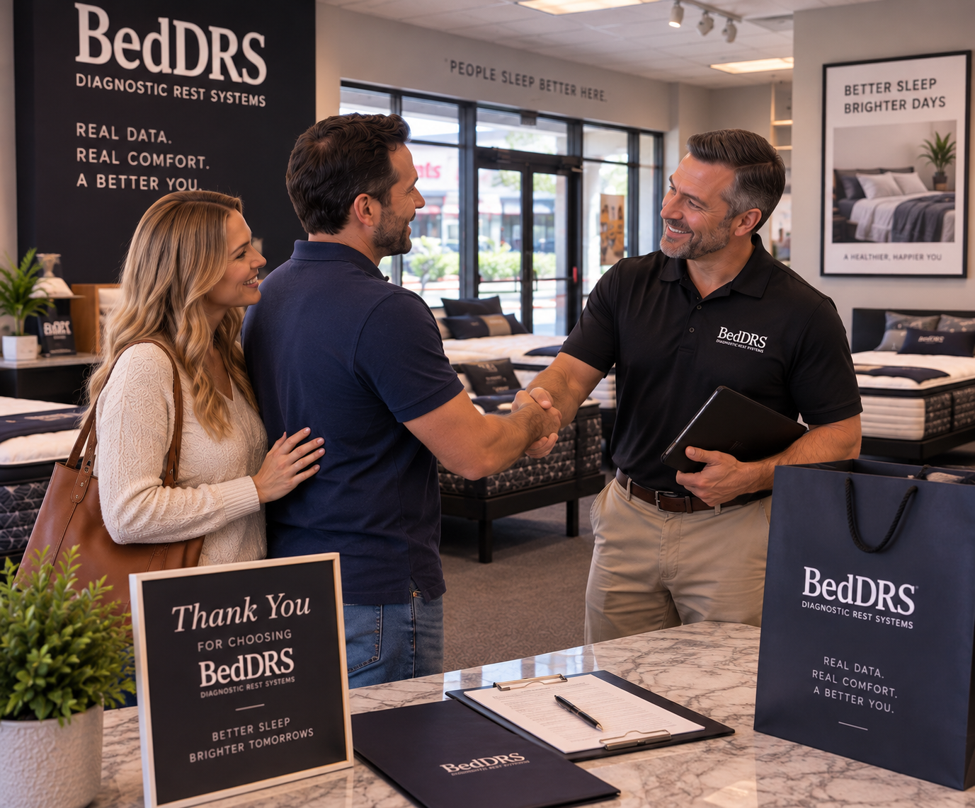 Happy customers completing their purchase at Bed DRS