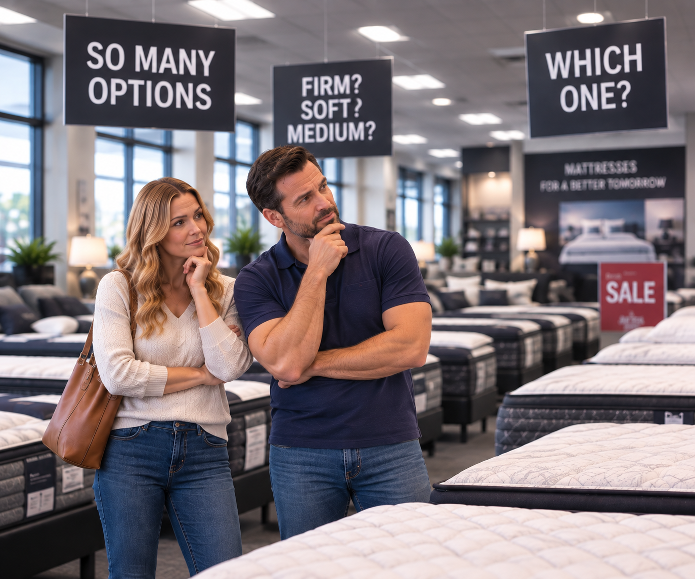 Couple relying on guesswork while mattress shopping