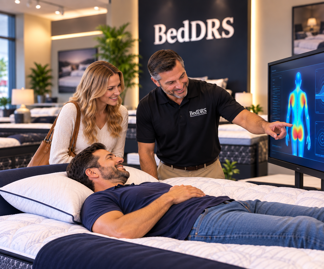 Bed DRS specialist showing a customer their pressure map results in the showroom